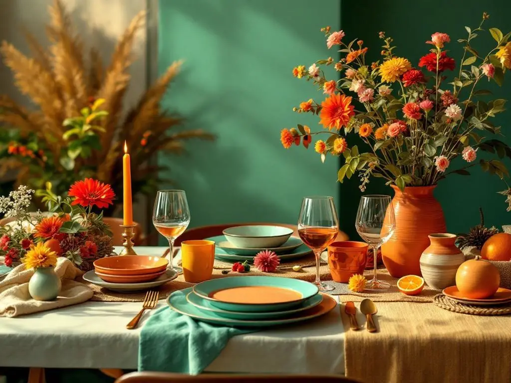 A beautifully arranged dinner table with colorful plates, glasses, and vibrant flowers.