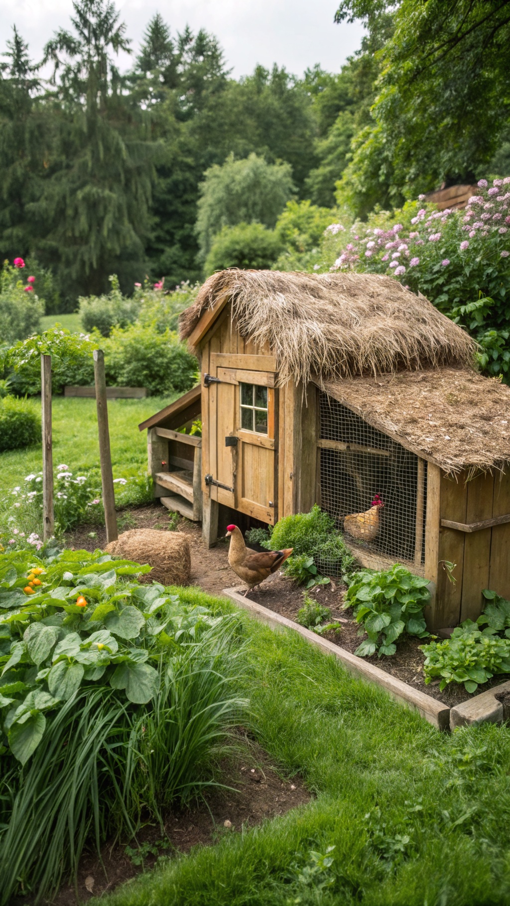 25+ Creative DIY Chicken Pen Ideas for Your Backyard 16 A wooden chicken coop with a thatched roof surrounded by greenery and flowers.