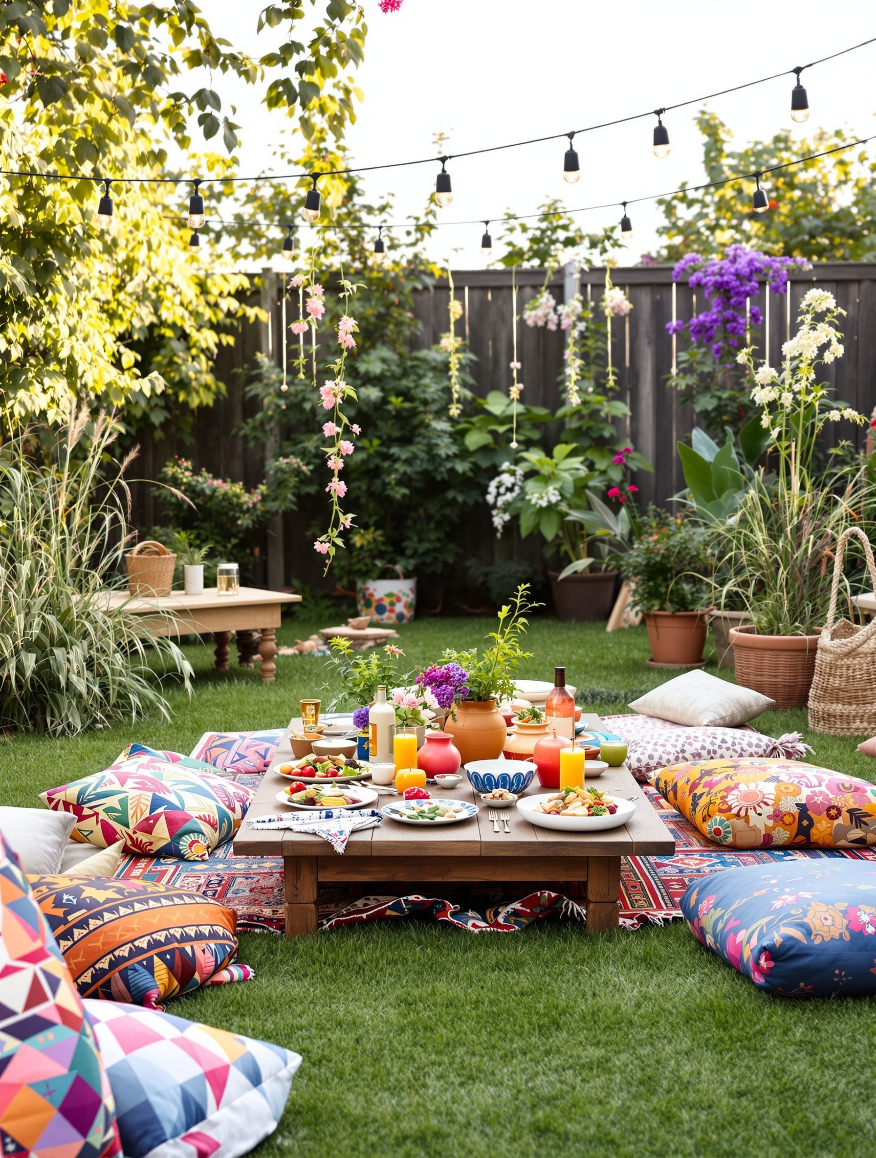 A bohemian picnic style setting with colorful floor cushions and a low wooden table filled with food and drinks in a garden.