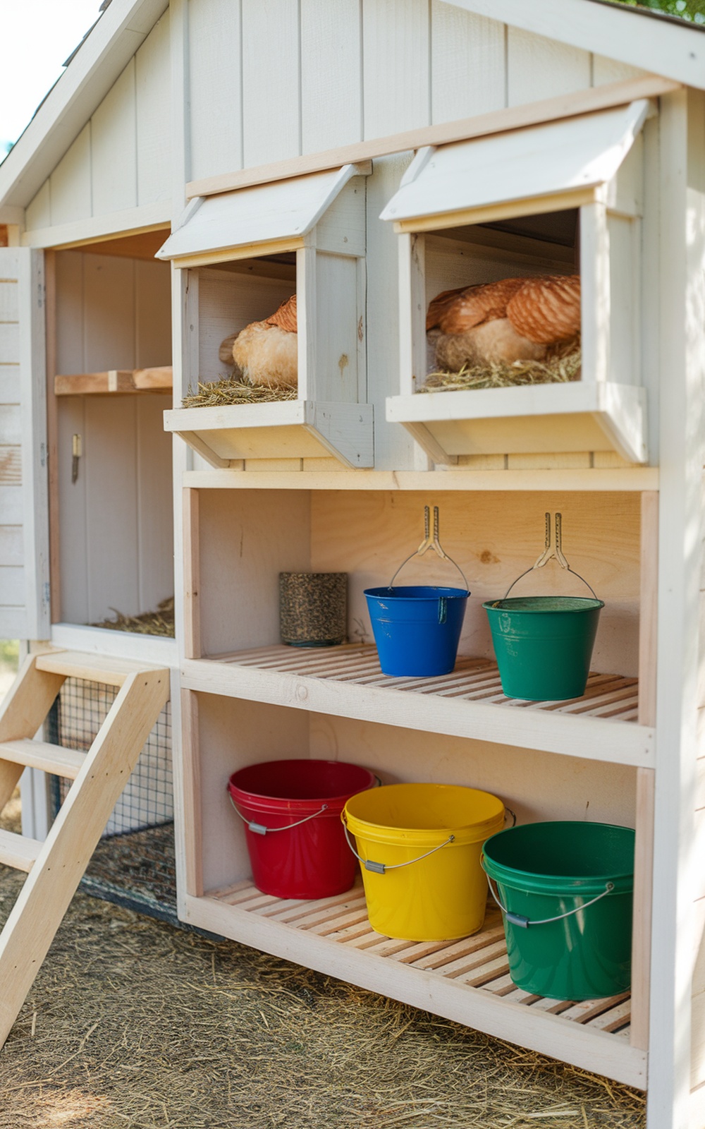 17+ Chicken Coop With Storage Ideas for a More Organized Backyard 13 A chicken coop with nesting boxes on top and colorful buckets for storage underneath.