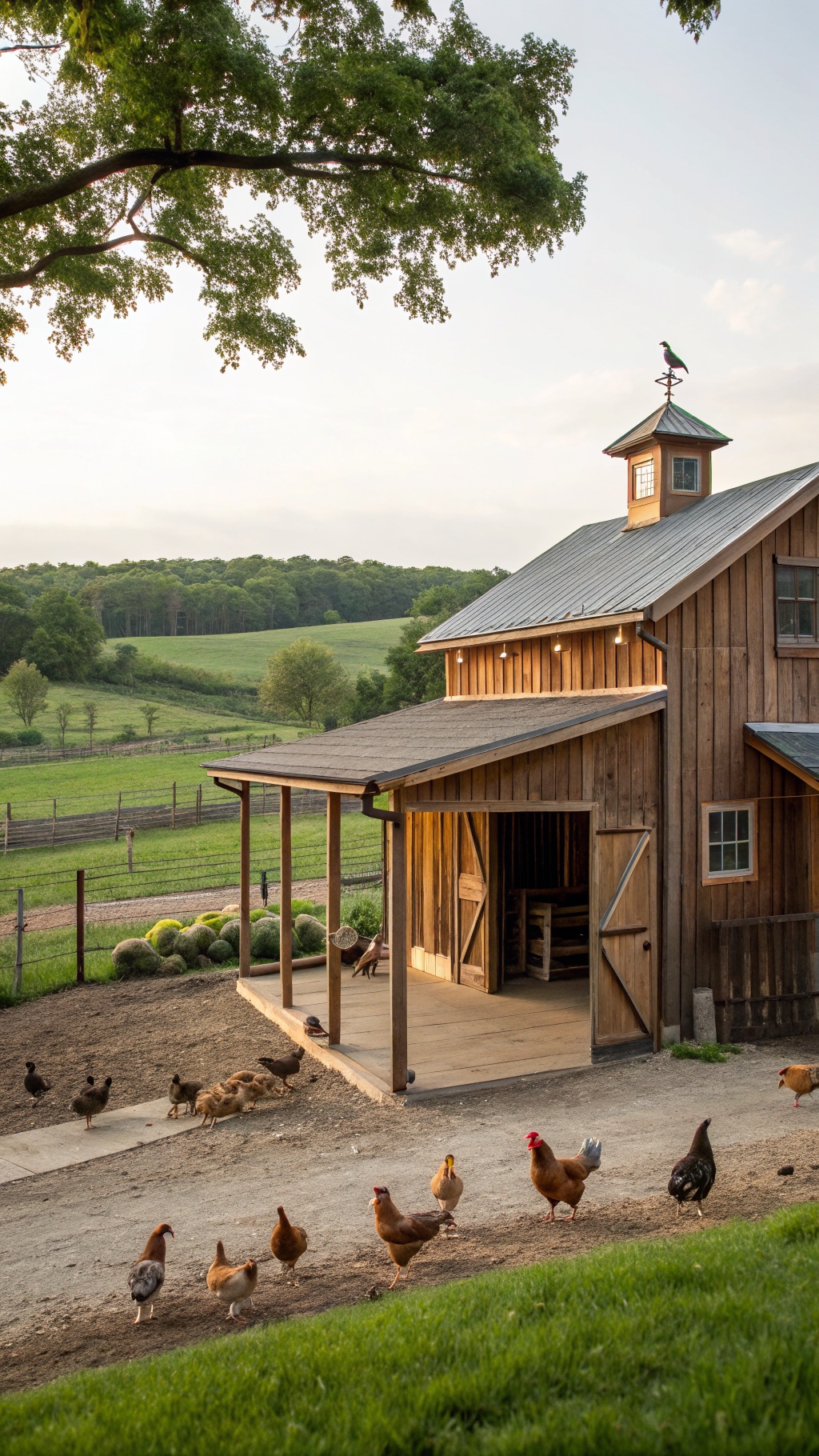 25+ Creative DIY Chicken Pen Ideas for Your Backyard 6 A beautiful wooden chicken barn with chickens roaming outside in a green landscape.