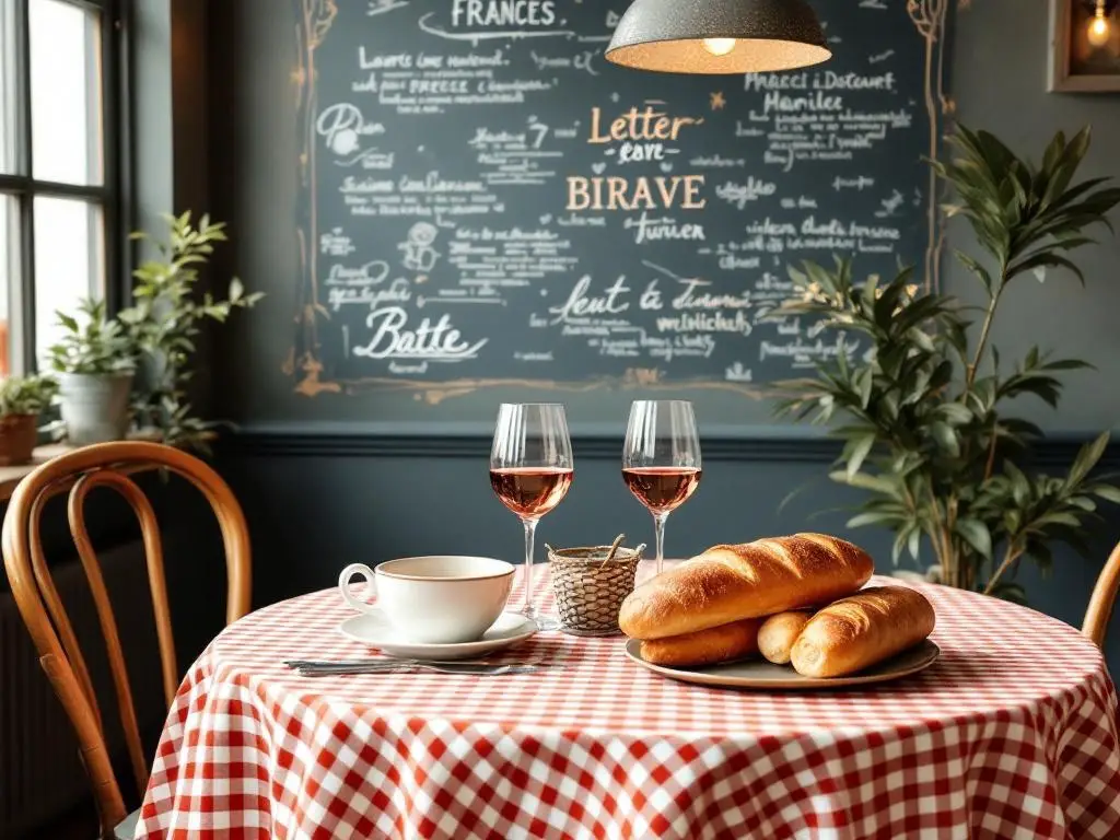 A cozy dinner table set in classic French bistro style with a checkered tablecloth, wine glasses, a cup, and fresh bread.