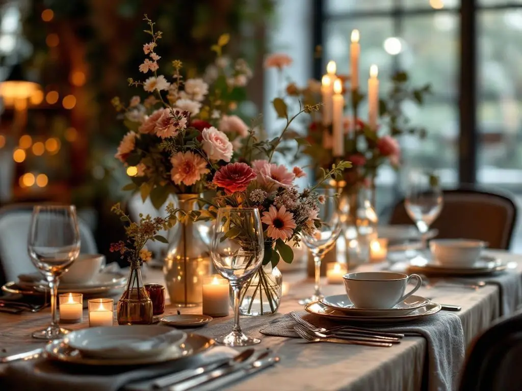 A beautifully set dinner table with fresh flowers, candles, and elegant tableware.
