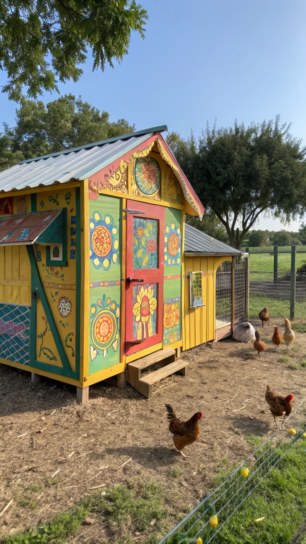 25+ Creative DIY Chicken Pen Ideas for Your Backyard 12 A colorful chicken coop painted in yellow with artistic designs, surrounded by chickens.