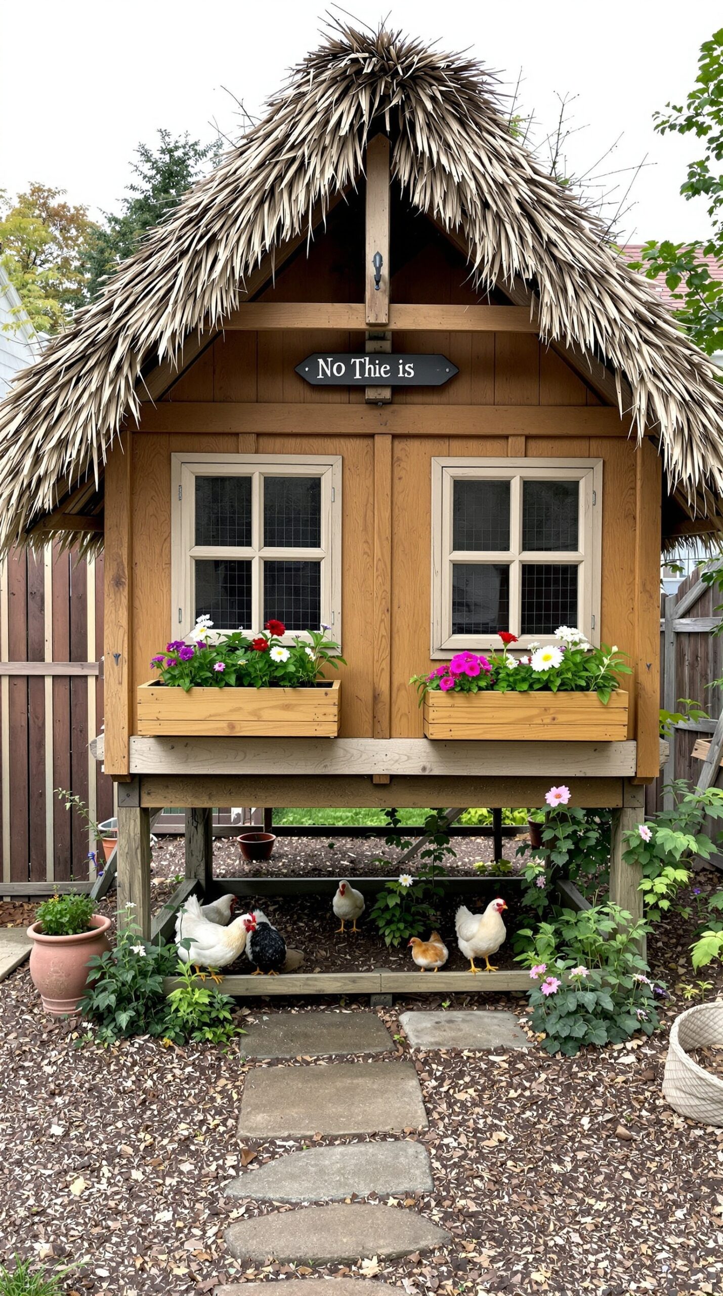 A charming cottage-style raised chicken coop with a thatched roof, flower boxes, and chickens in the garden.