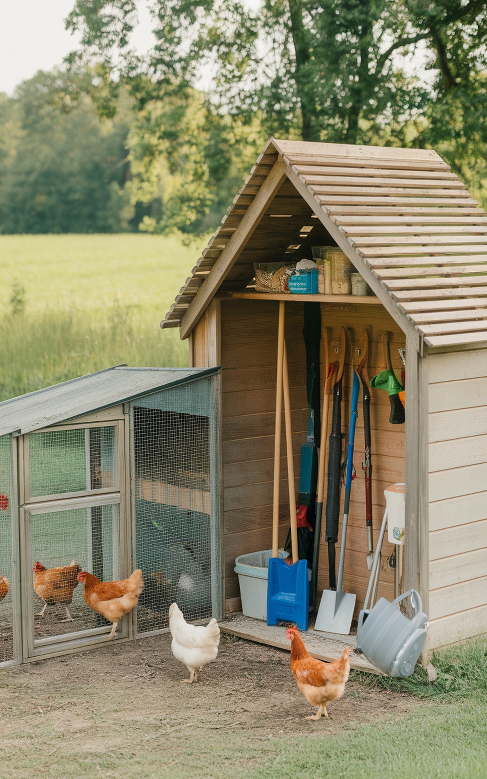 17+ Chicken Coop With Storage Ideas for a More Organized Backyard 5 A chicken coop with an adjacent storage shed, featuring tools and supplies organized for easy access.