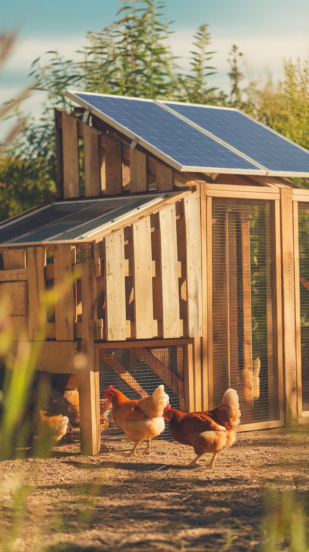 Eco-friendly chicken coop with solar panels and chickens outside