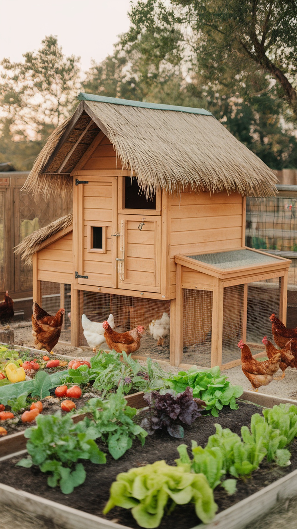 A chicken coop with a thatched roof surrounded by a vegetable garden and chickens.