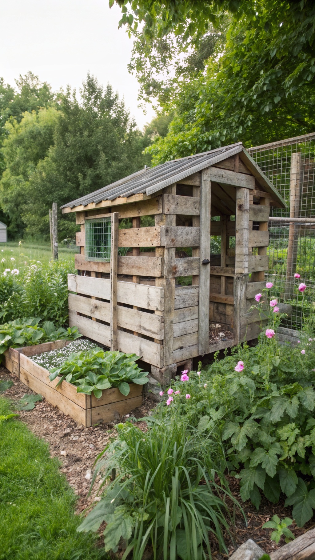 25+ Creative DIY Chicken Pen Ideas for Your Backyard 8 A rustic chicken coop made from wooden pallets, surrounded by garden beds and greenery.