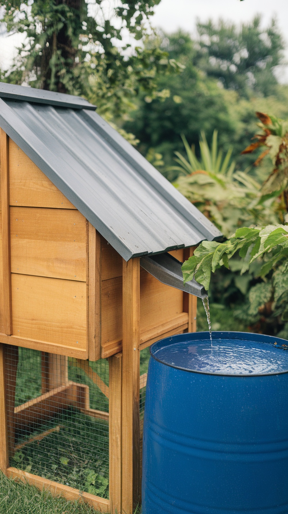 A chicken coop with a rainwater collection system, featuring a sloped roof directing water into a blue barrel.