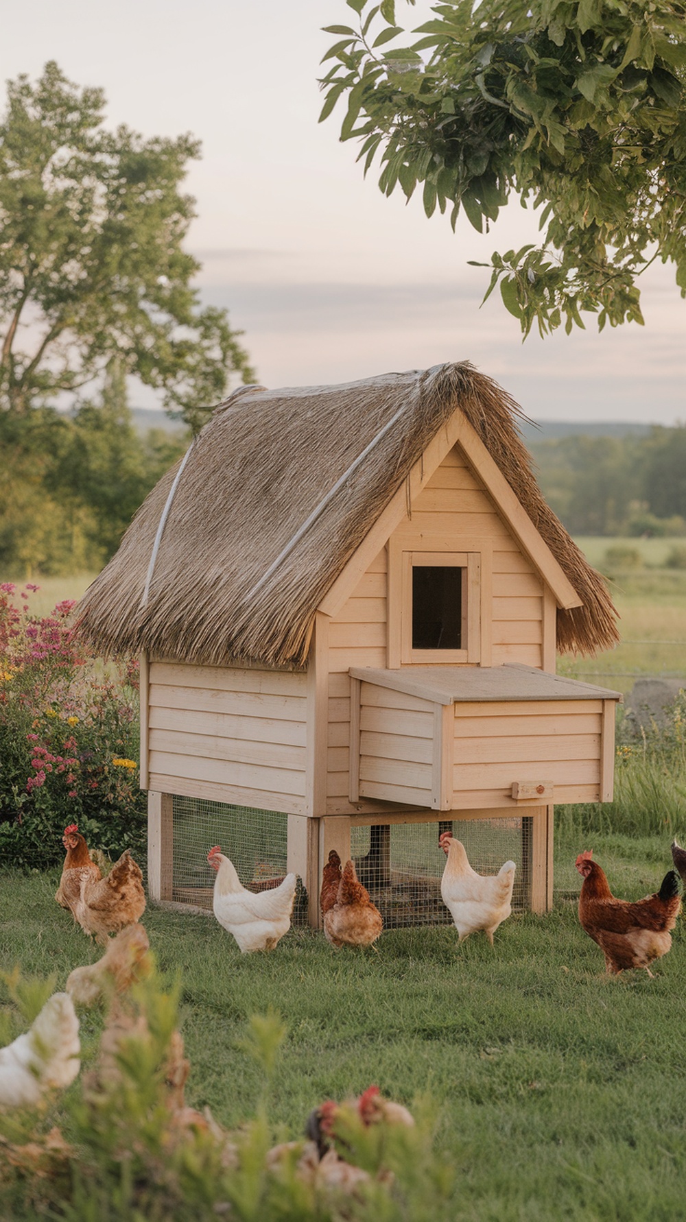 A charming cottage-style chicken coop with a thatched roof and chickens roaming around.