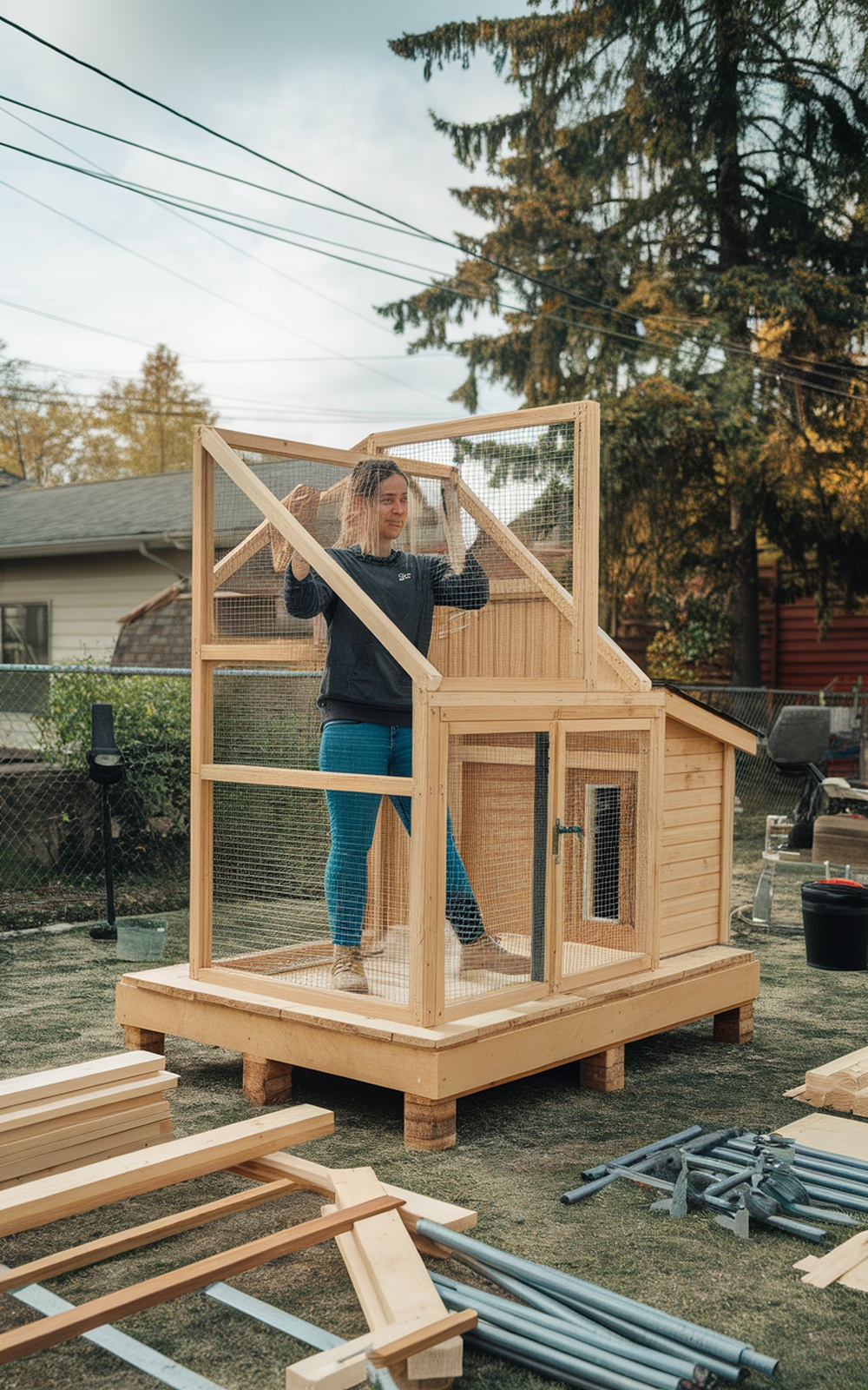 A person assembling a chicken coop in a backyard, surrounded by construction materials.