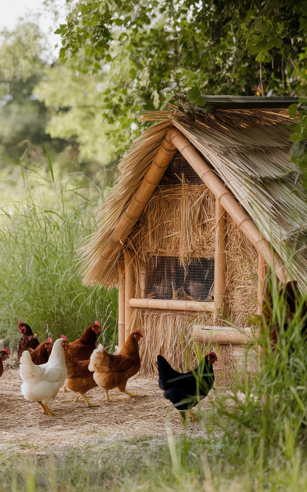 A rustic chicken coop made of bamboo and straw with chickens roaming around it.