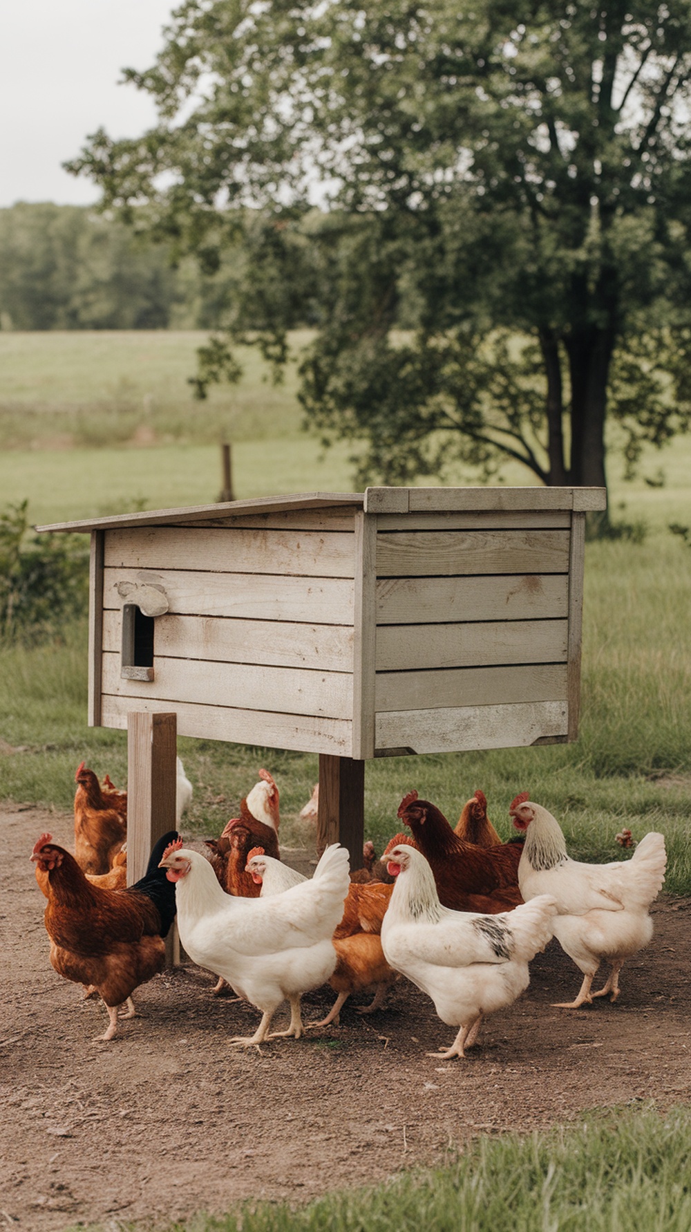 A raised chicken coop with chickens around it in a grassy area