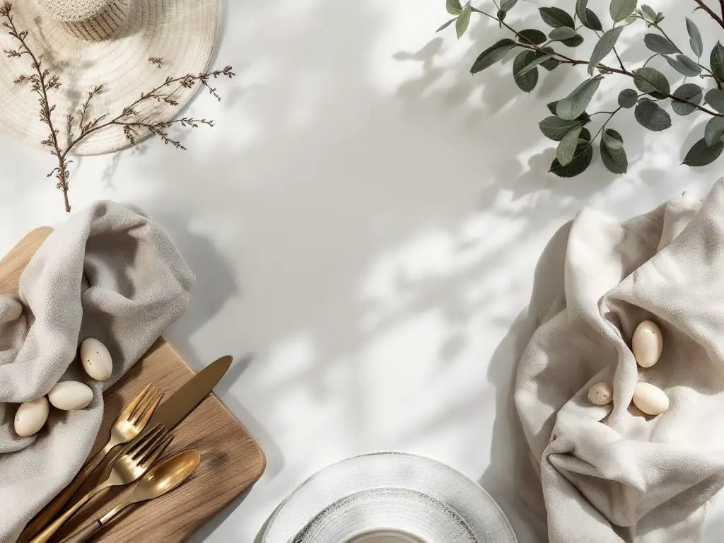 A stylish Scandinavian dinner party table setting featuring golden cutlery, linen napkins, and natural decor.