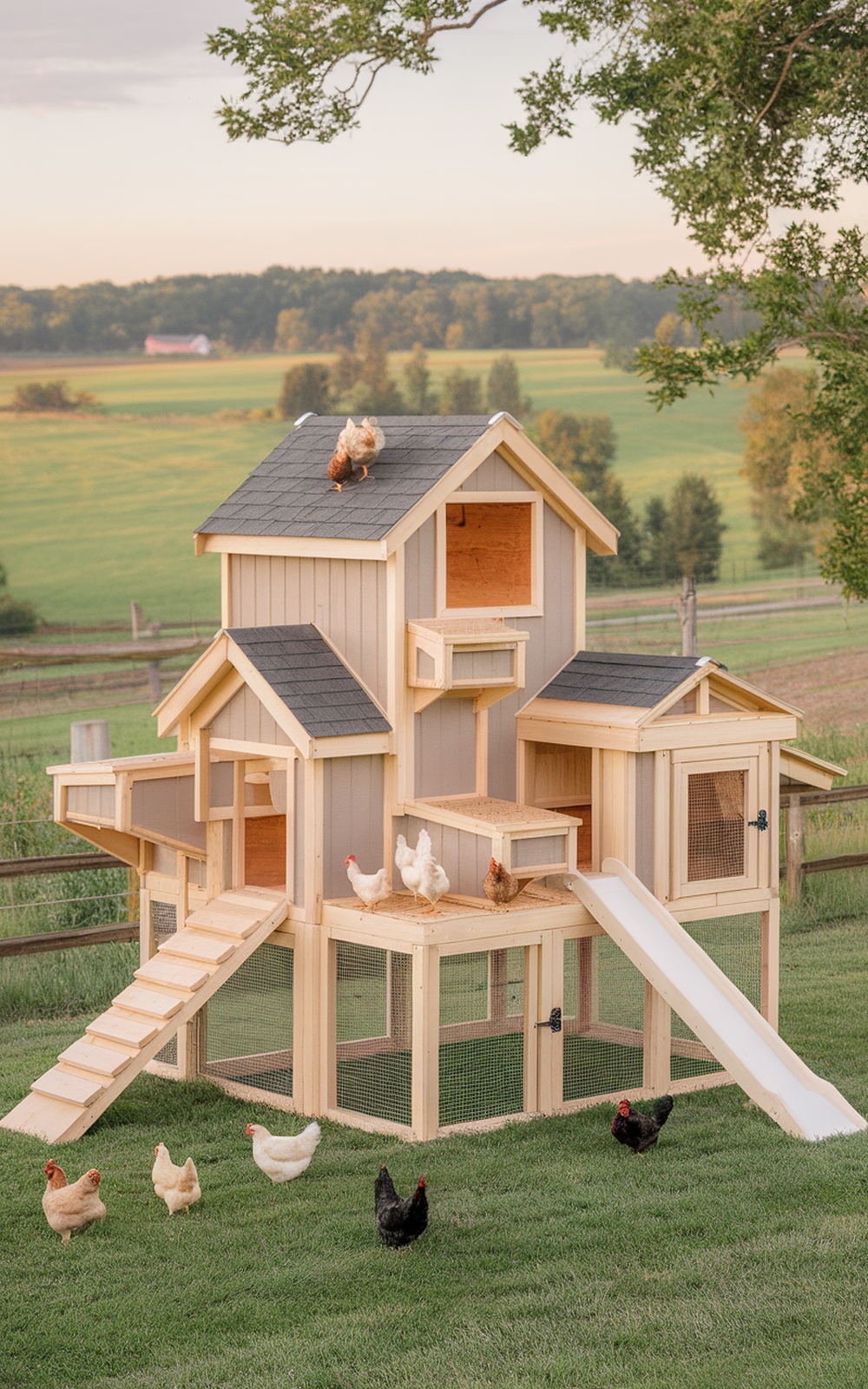 A multi-level chicken coop with ramps and a slide, surrounded by chickens in a grassy area.