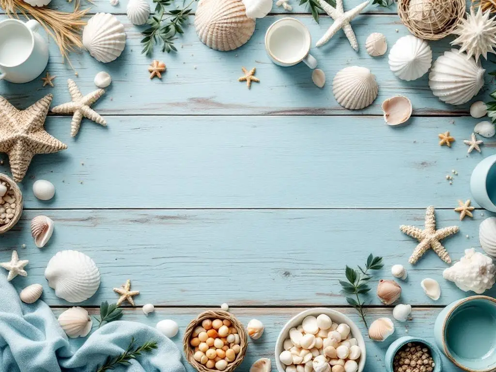 A table setting with seashells, starfish, and greenery on a light blue background, creating a coastal beach vibe.