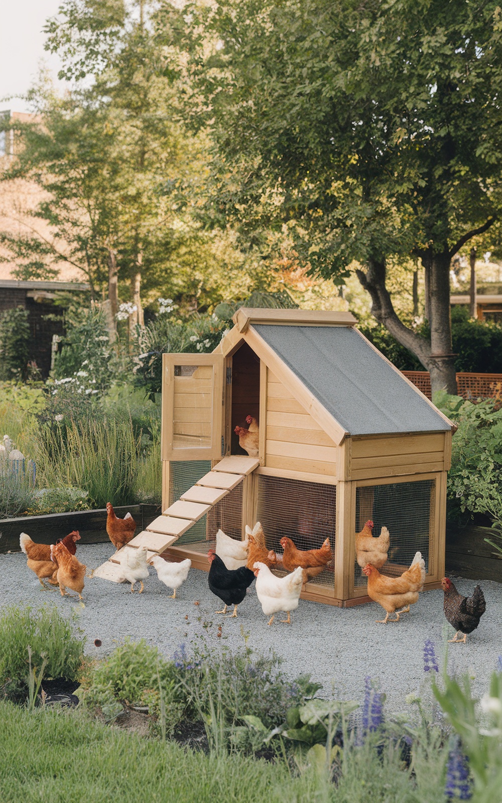 17+ Chicken Coop Plans for 20 Chickens (Spacious & Practical Designs) 10 A wooden chicken coop surrounded by a garden with various chickens roaming around.
