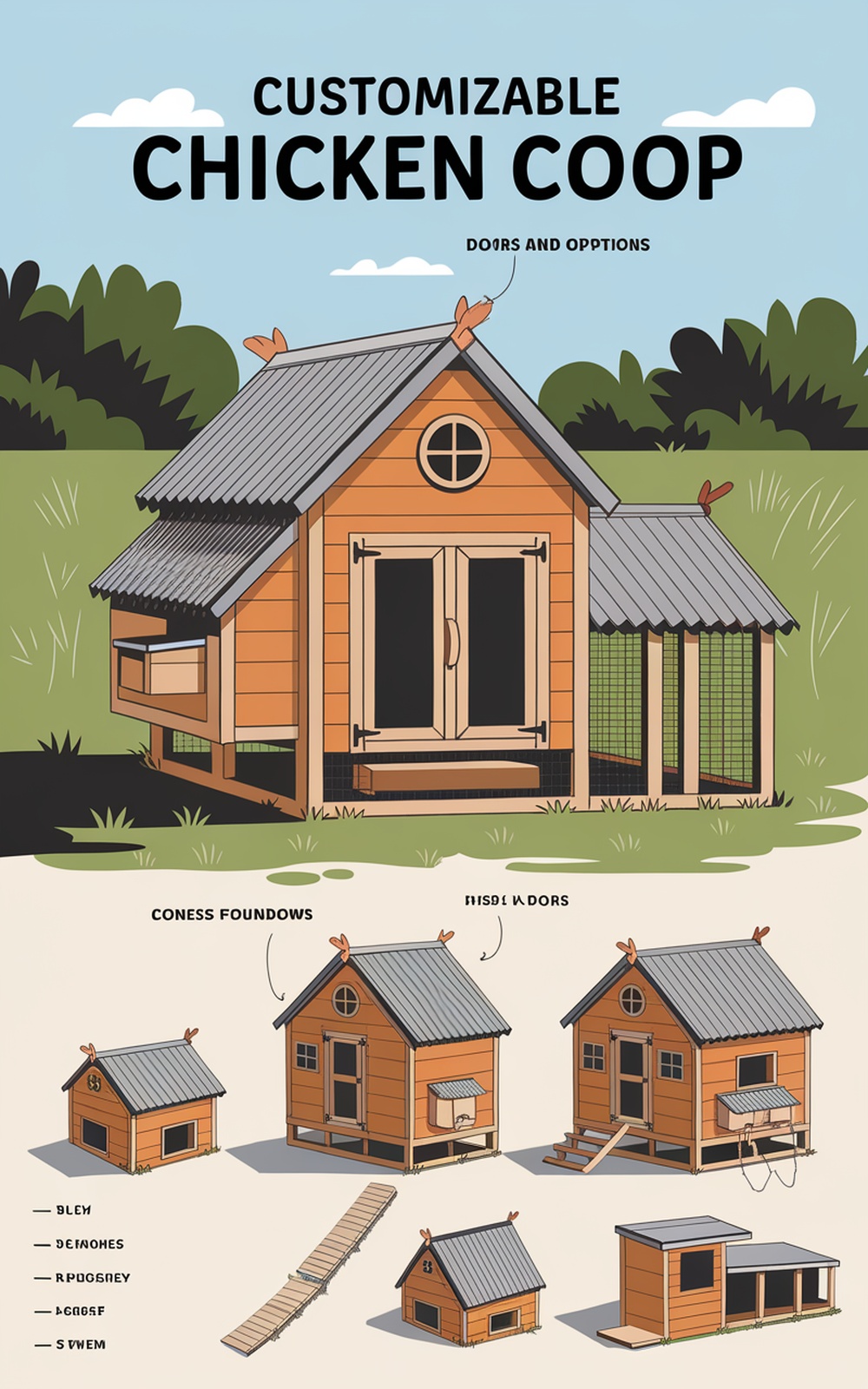 29+ DIY Chicken Coop Plans for a Practical Backyard Setup 12 Illustration of customizable chicken coop designs with various door options and layouts.