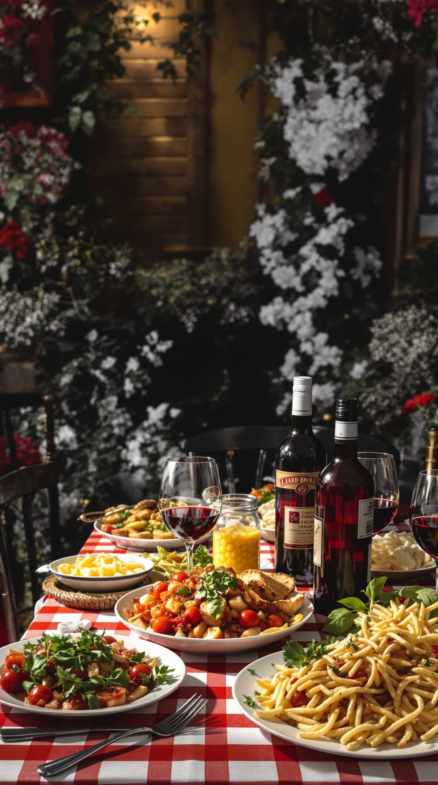 A beautifully set table for an Italian feast featuring pasta, salads, and wine.