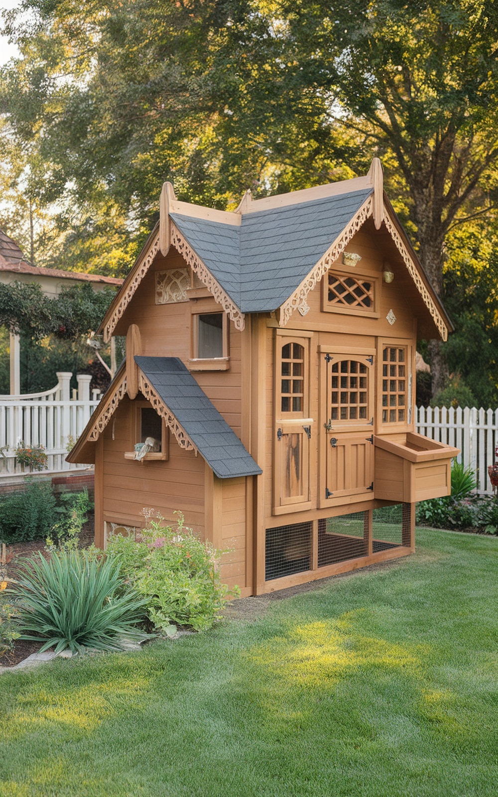 A Victorian-style chicken coop with intricate details and a charming design, surrounded by a lush garden.