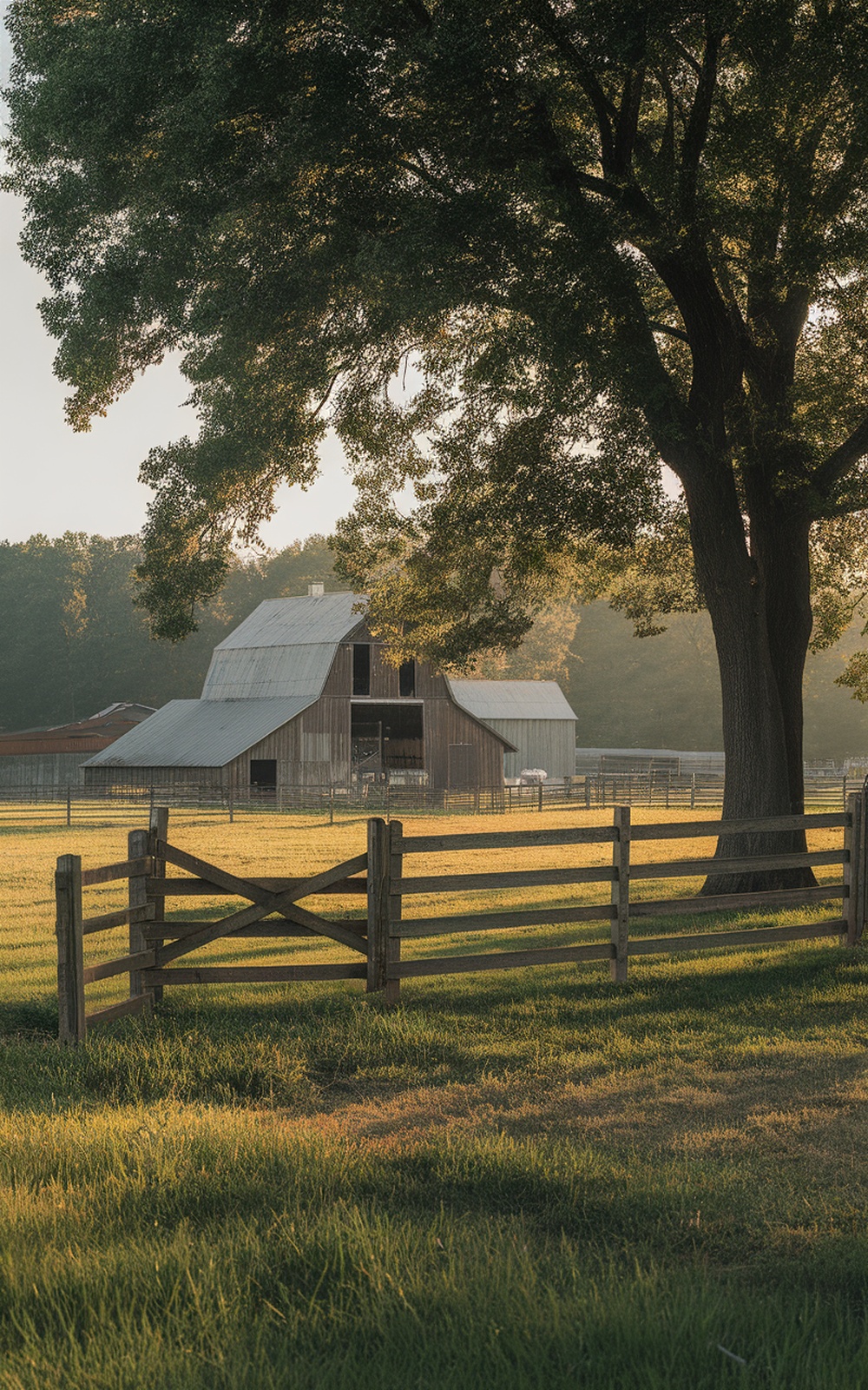 A serene farmhouse with a barn and a large tree, surrounded by open fields.