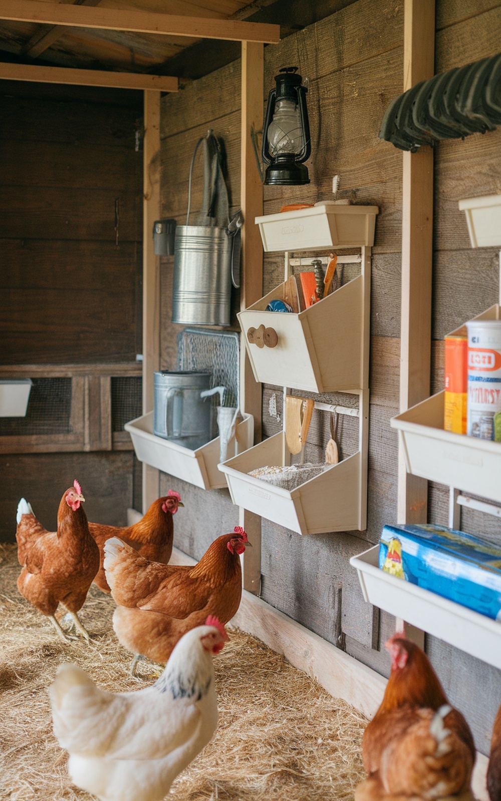 17+ Chicken Coop With Storage Ideas for a More Organized Backyard 6 A chicken coop interior featuring wall-mounted organizers with containers for feed and tools, surrounded by chickens.