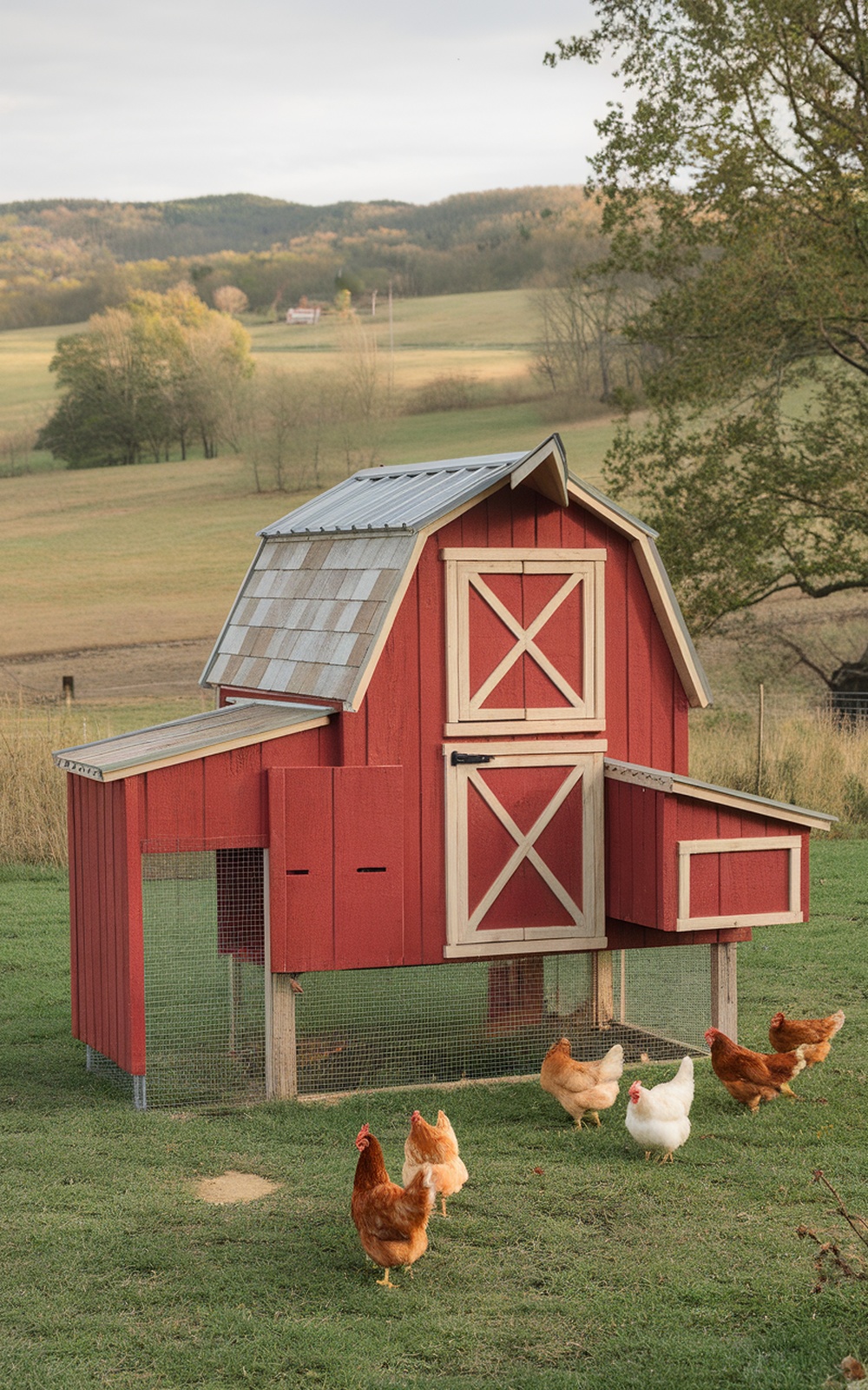 A rustic barn-style chicken coop in a green field with chickens around it.