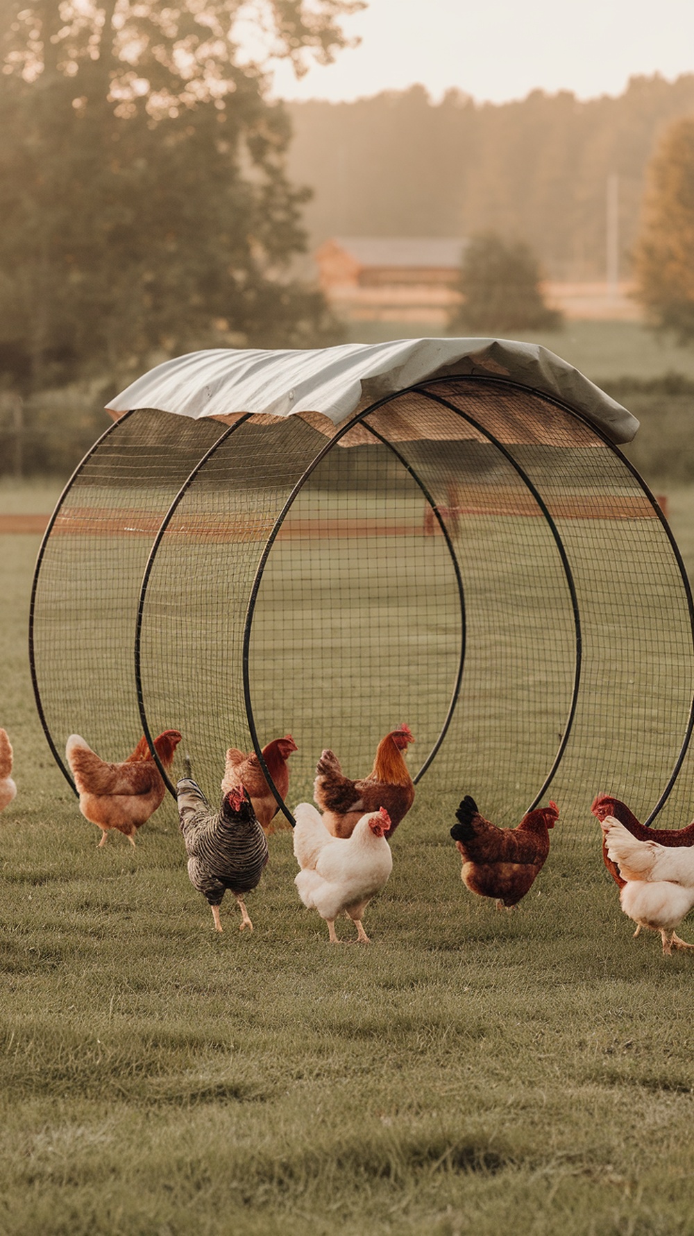 A simple hoop coop with chickens roaming freely in a grassy area.