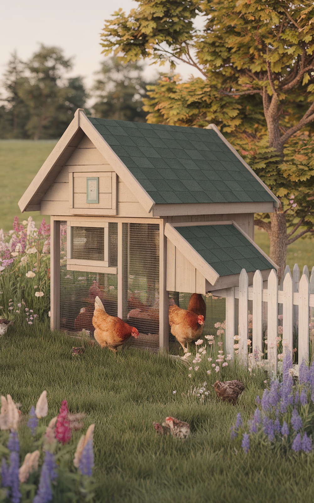 A charming cottage-style chicken coop with a sloped roof, surrounded by flowers and chickens.