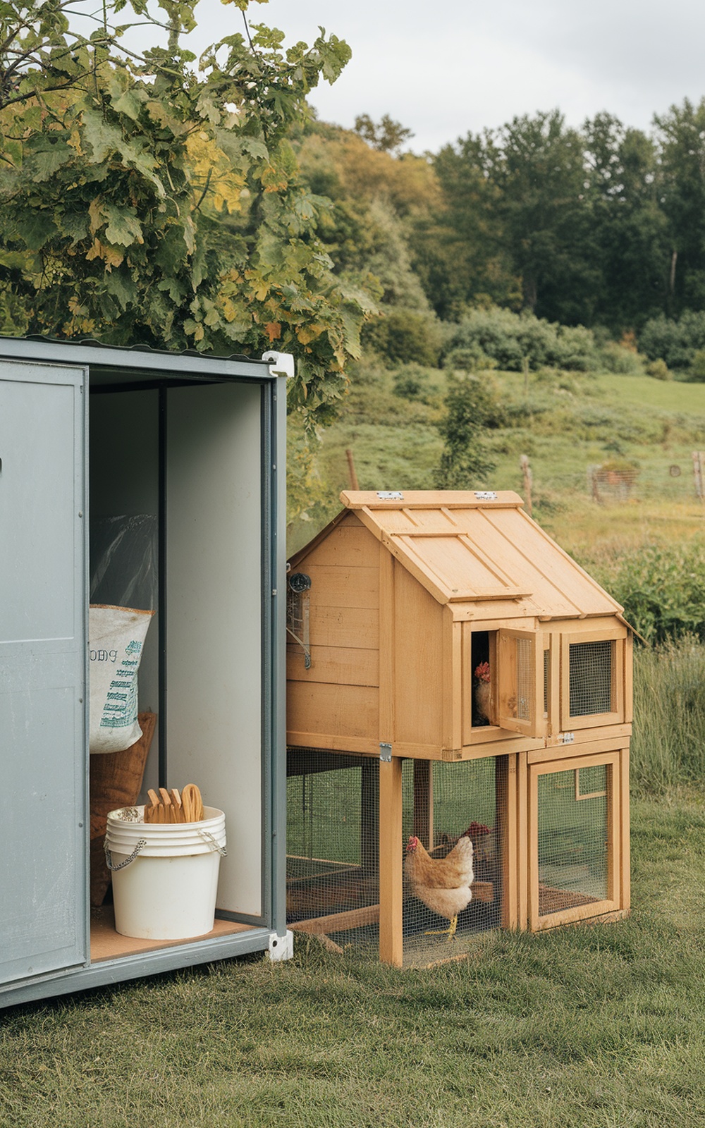 17+ Chicken Coop With Storage Ideas for a More Organized Backyard 10 A wooden chicken coop next to a portable storage unit in a grassy area.