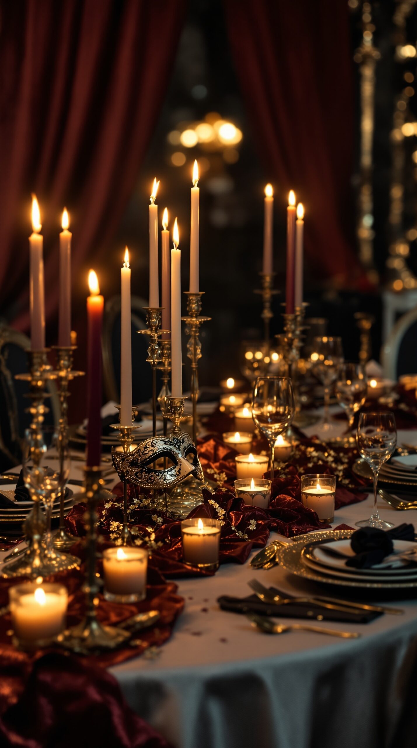 A beautifully set table for a masquerade ball with candles, elegant masks, and rich decor.