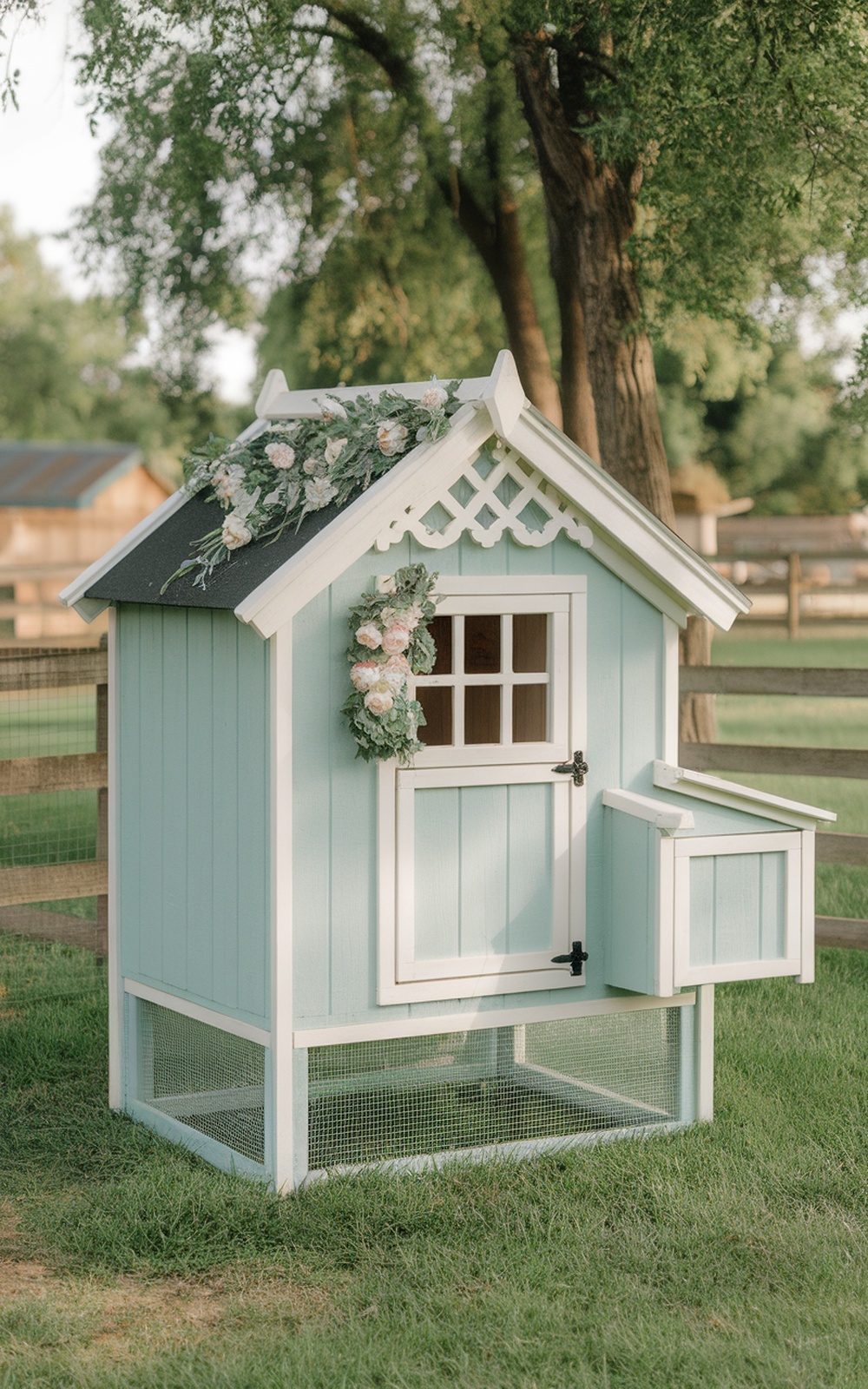 Aesthetic chicken coop with a soft blue color and floral decorations