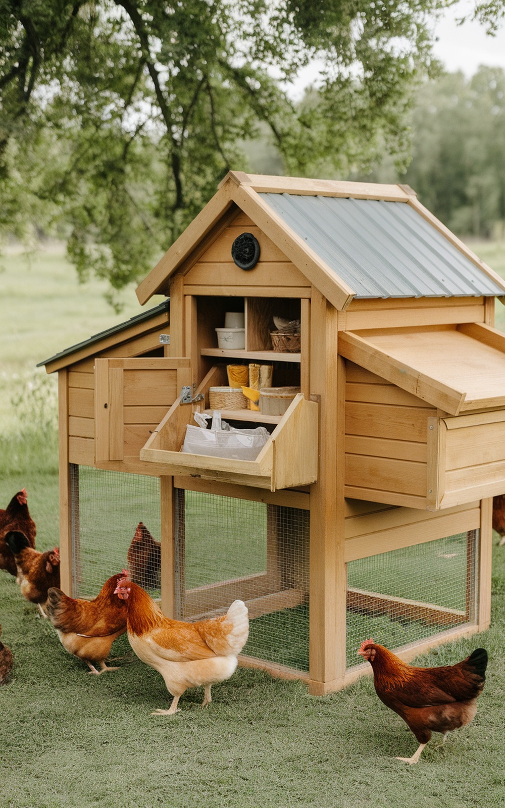 17+ Chicken Coop With Storage Ideas for a More Organized Backyard 14 A wooden chicken coop with hidden storage compartments and chickens around it.