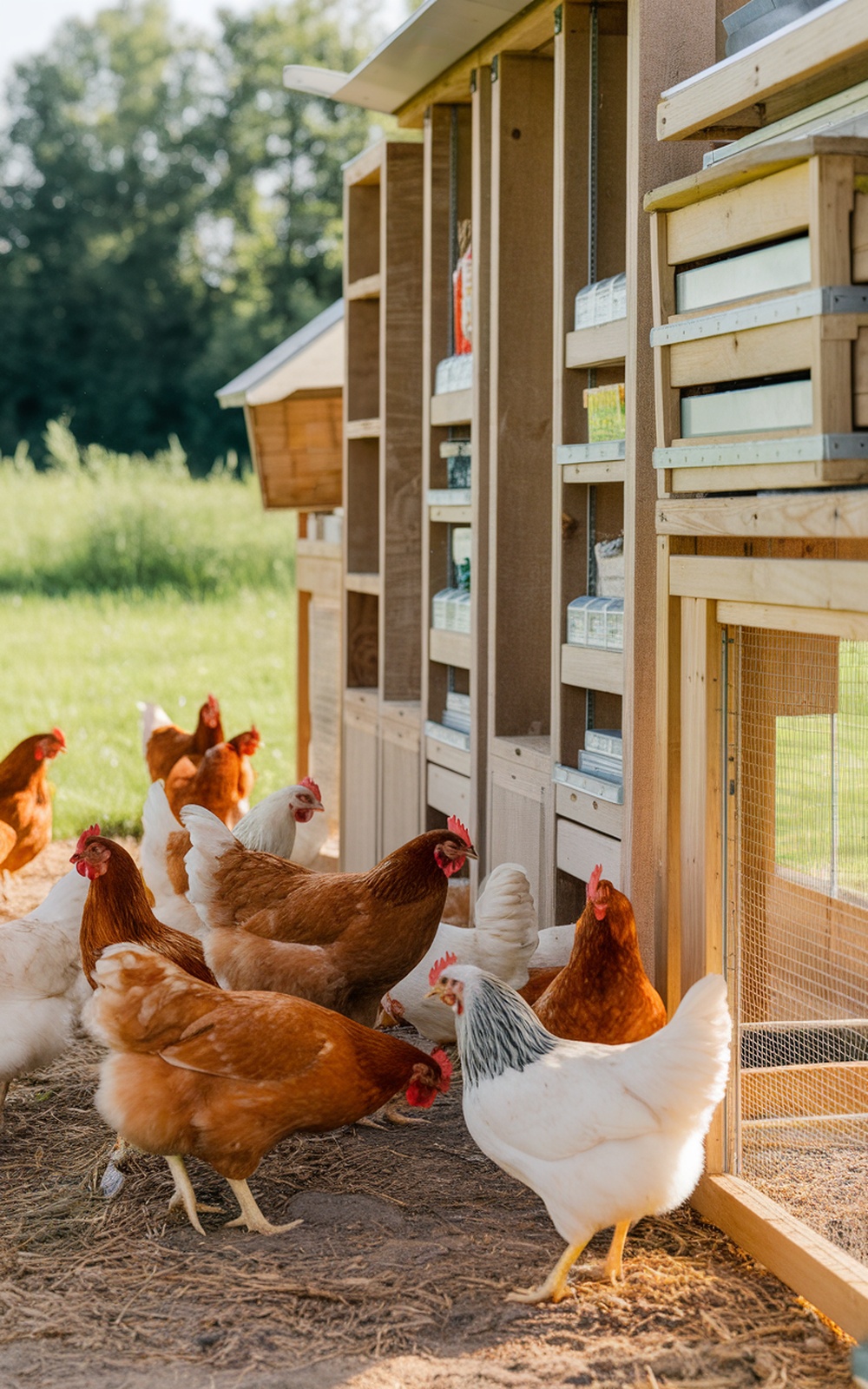 17+ Chicken Coop With Storage Ideas for a More Organized Backyard 3 Chickens outside a well-organized coop with vertical storage for supplies.