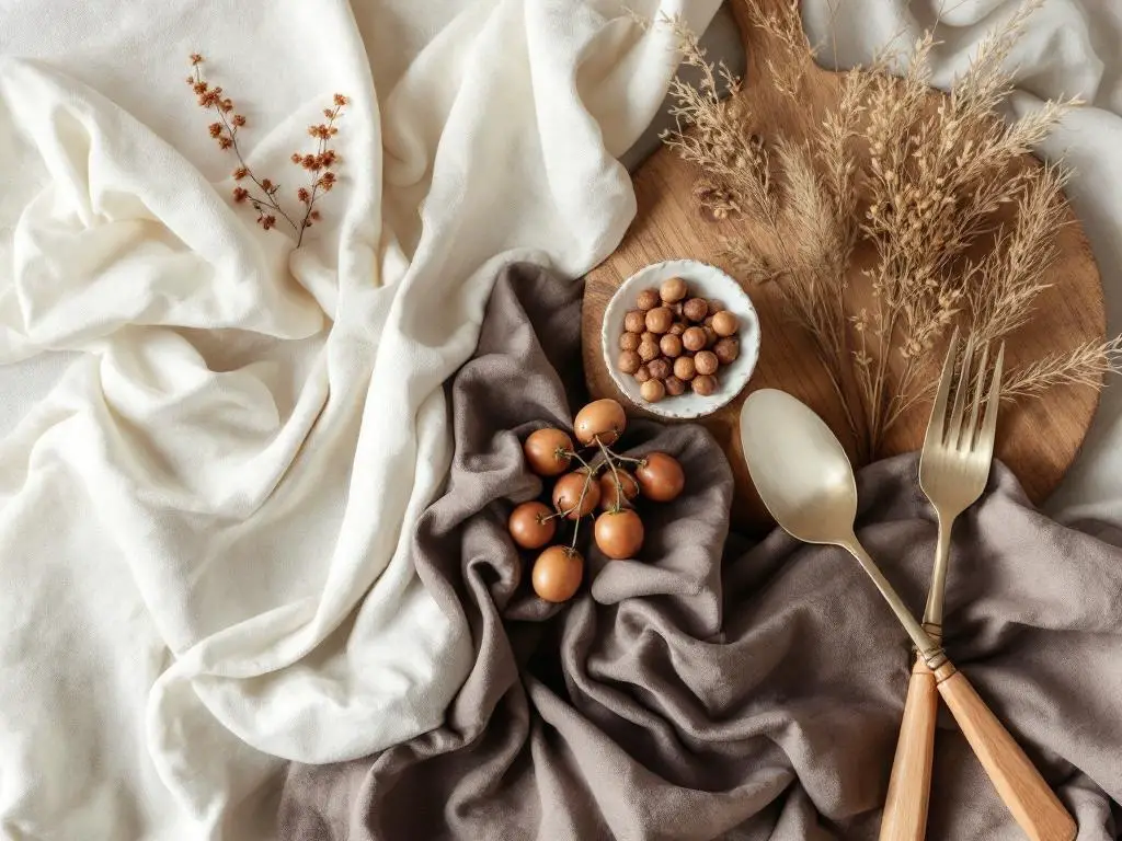An arrangement of soft cream and brown fabrics, dried flowers, a wooden board, a small bowl of nuts, and golden utensils.