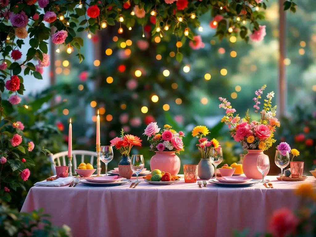 A beautifully set dinner party table in a garden, adorned with colorful flowers, candles, and twinkling lights.