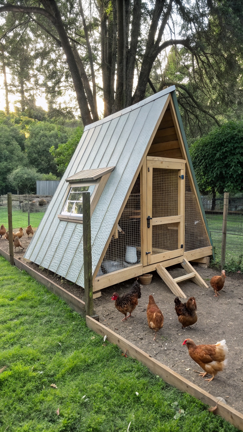 25+ Creative DIY Chicken Pen Ideas for Your Backyard 7 A-frame chicken coop with chickens outside in a grassy area