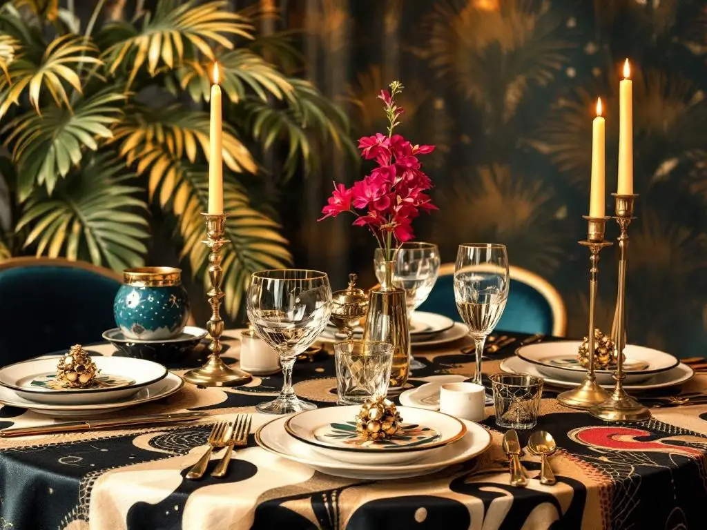 A beautifully set dinner table featuring Art Deco elements, with gold accents, floral arrangements, and elegant glassware.