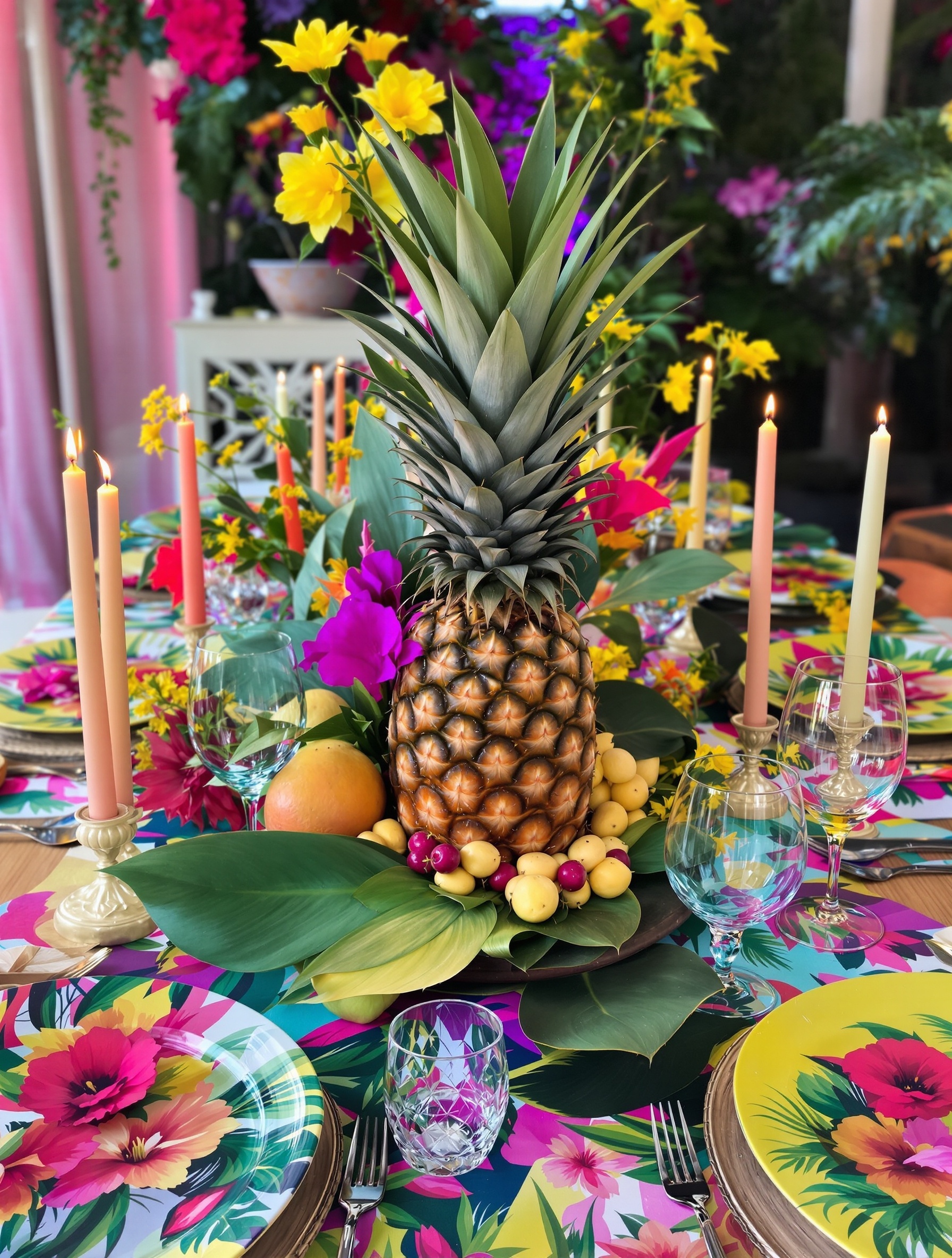 A vibrant garden dinner party table setting featuring a pineapple centerpiece surrounded by colorful flowers and fruits.
