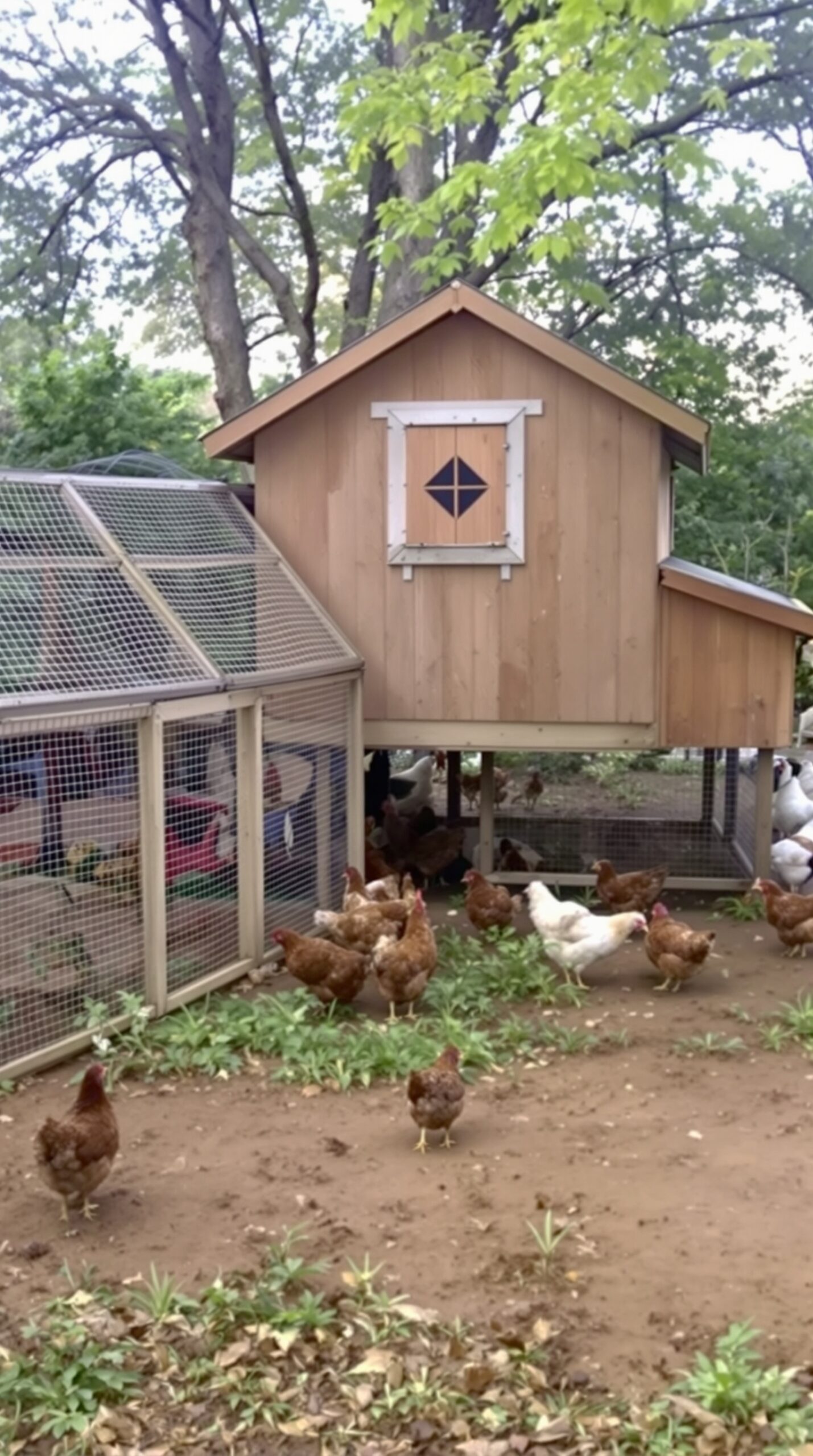 A raised chicken coop with a run, featuring a wooden structure and chickens roaming around.