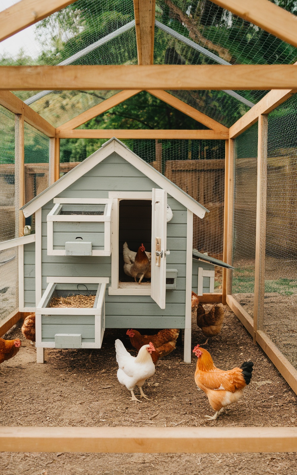 A charming chicken coop with a run area, featuring chickens roaming around and a cozy nesting space.