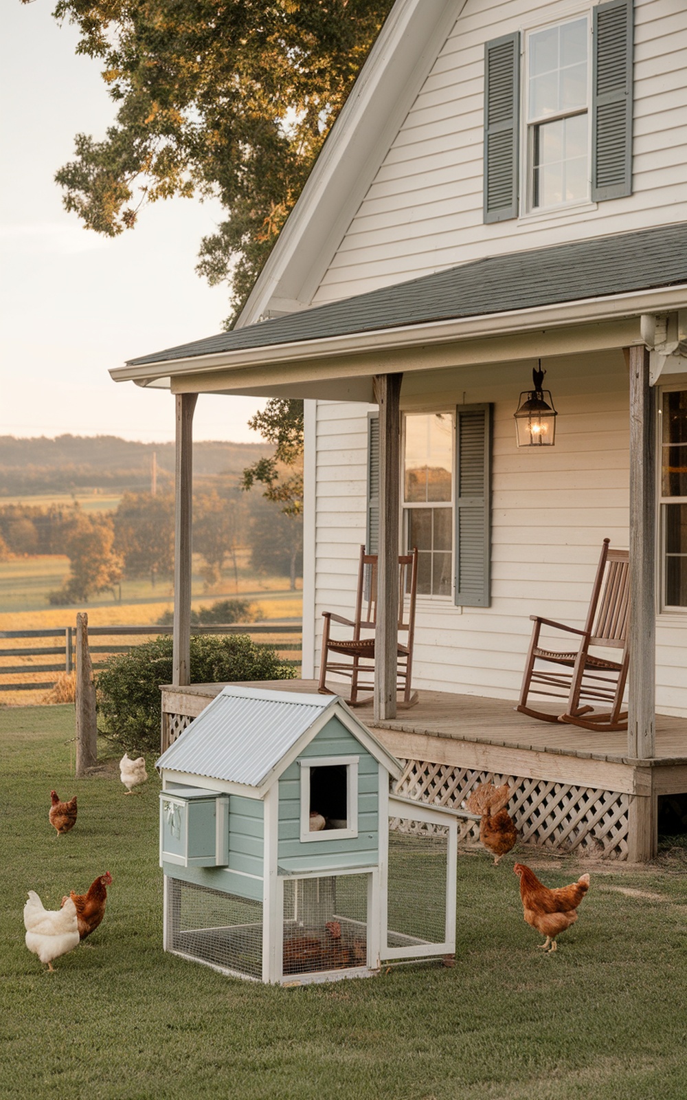 A farmhouse chicken coop with a porch, surrounded by chickens and a scenic landscape.