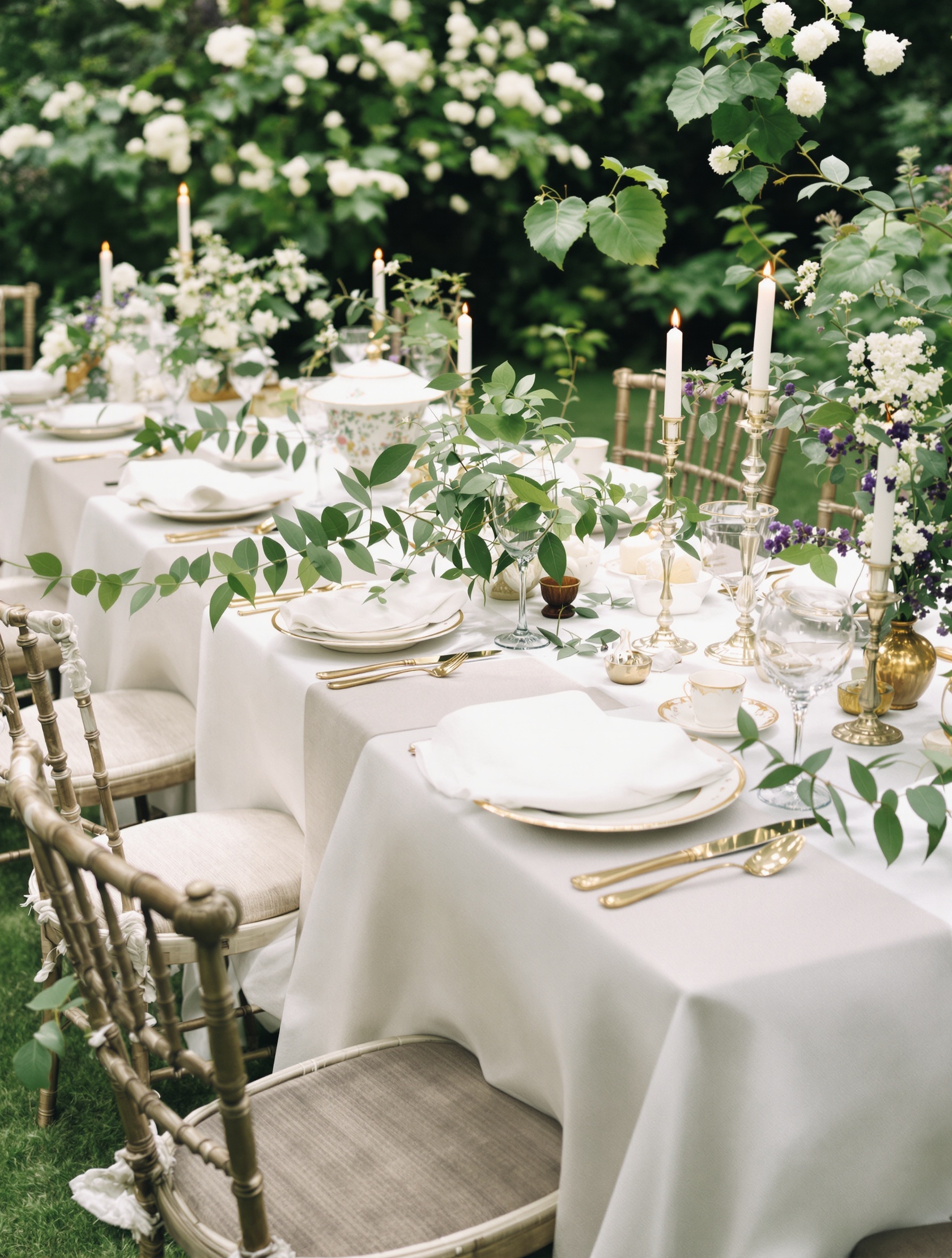 A beautifully set garden dinner table with white linen, greenery accents, candles, and elegant tableware.