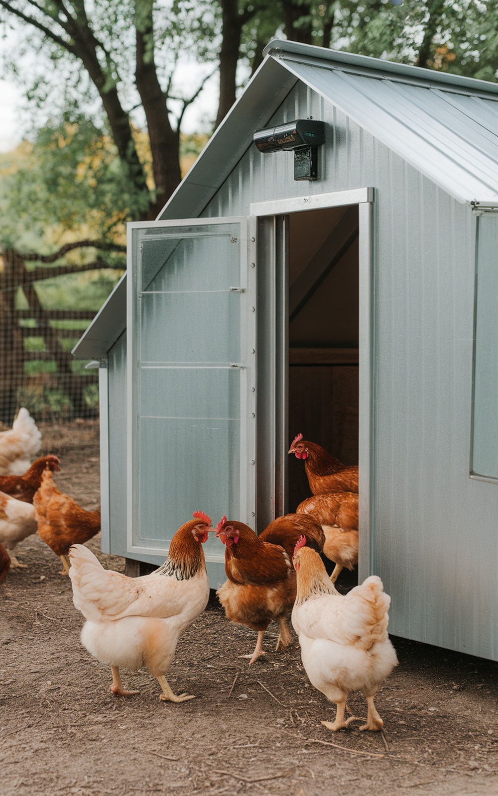 29+ DIY Chicken Coop Plans for a Practical Backyard Setup 11 A modern chicken coop with an automatic door and chickens outside.