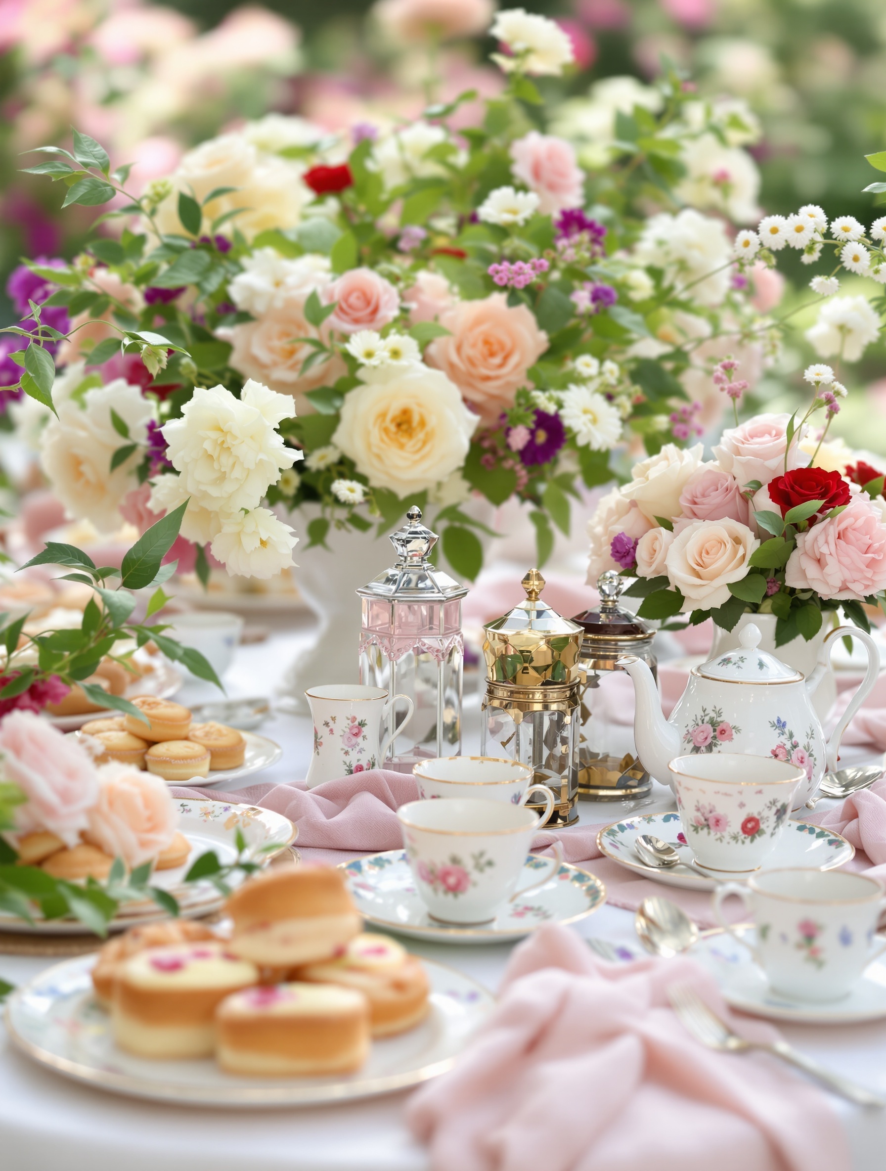 A beautifully set garden tea party table with delicate porcelain, floral arrangements, and sweet pastries.