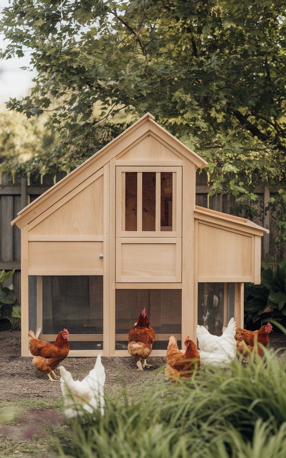A modern minimalist chicken coop with wooden exterior and chickens roaming around.