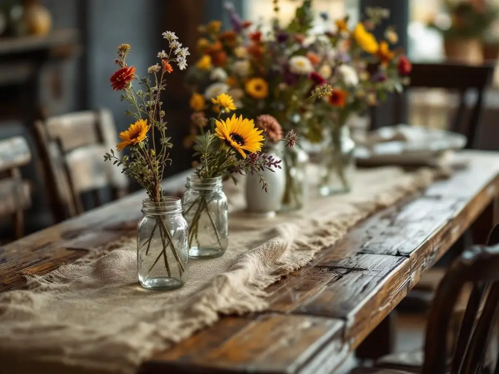 A rustic farmhouse table setting with flowers in jars and a burlap runner.