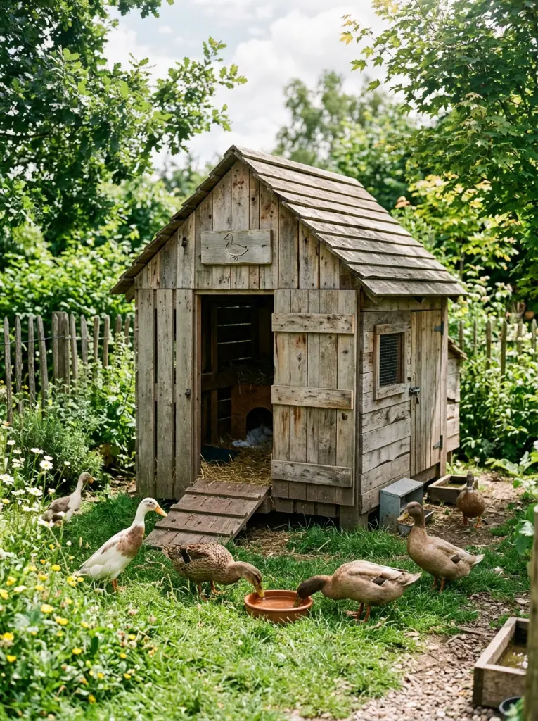 Rustic wooden duck house with ducks in a garden enclosure