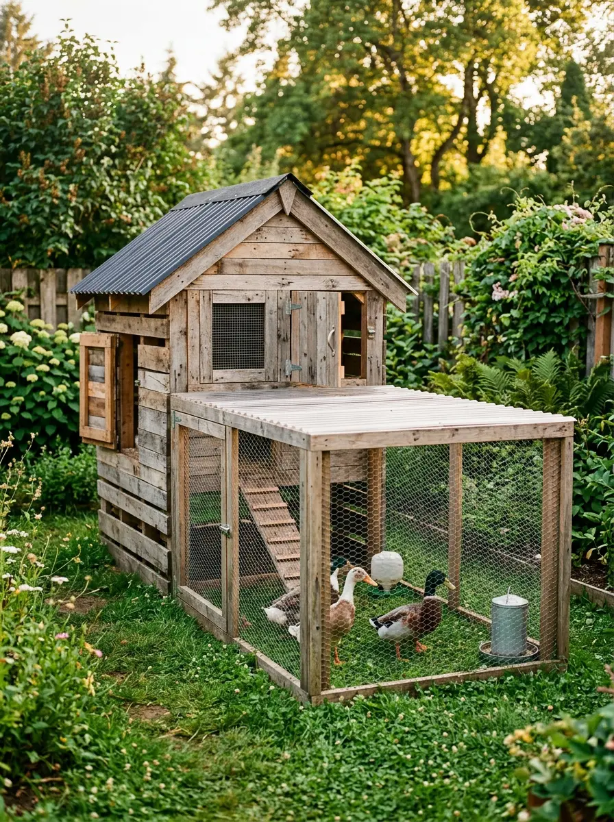 Raised duck coop with attached wire run